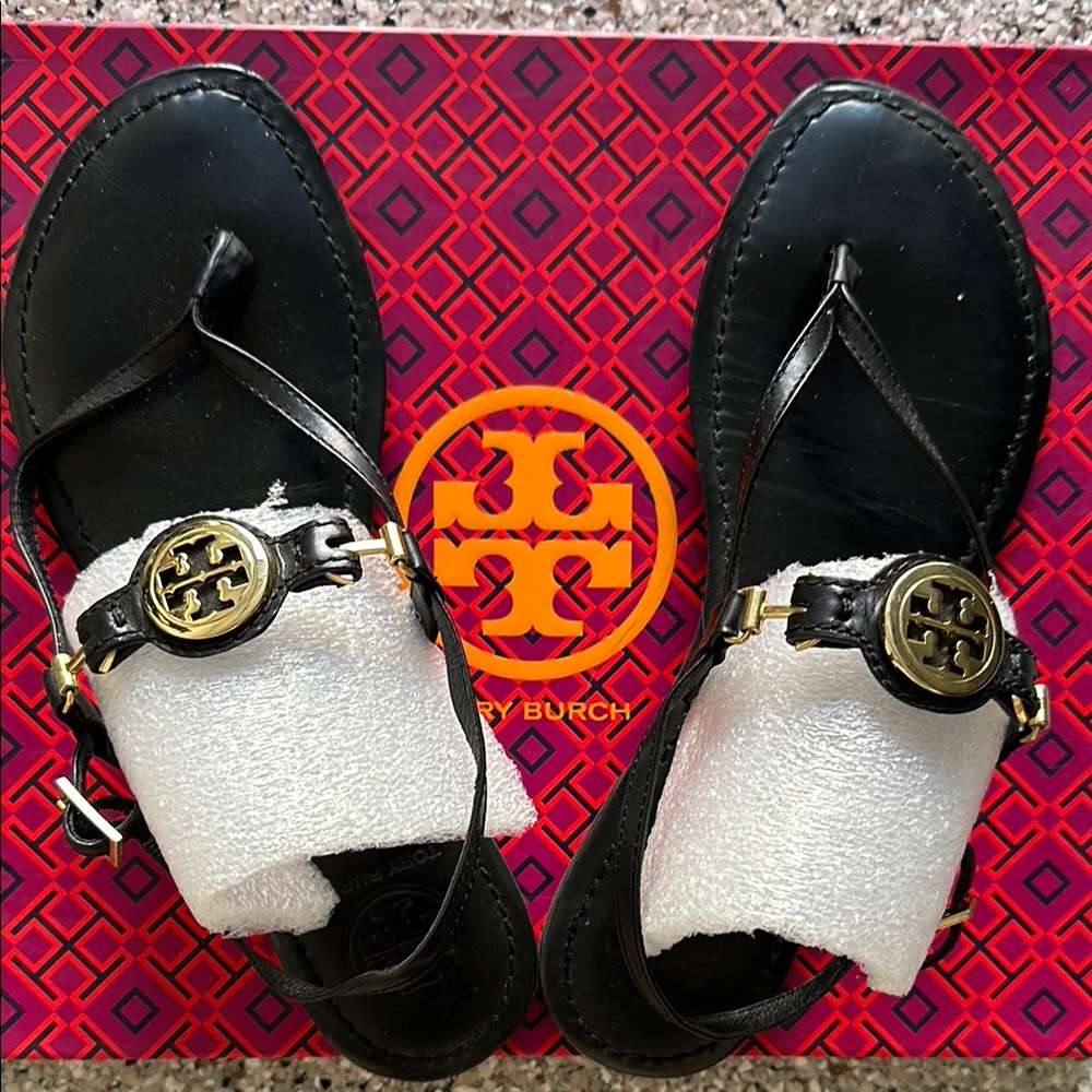 Tory Burch Black Sandals with Gold Logo